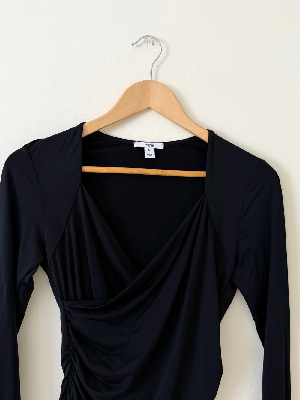 Bar III Black Draped Long Sleeve Top with Side Ruching